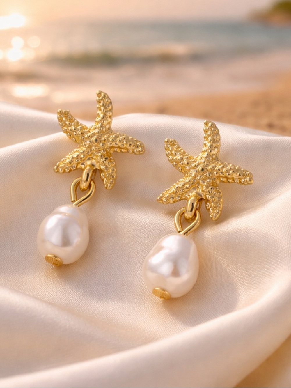 Gold Starfish Pearl Earrings